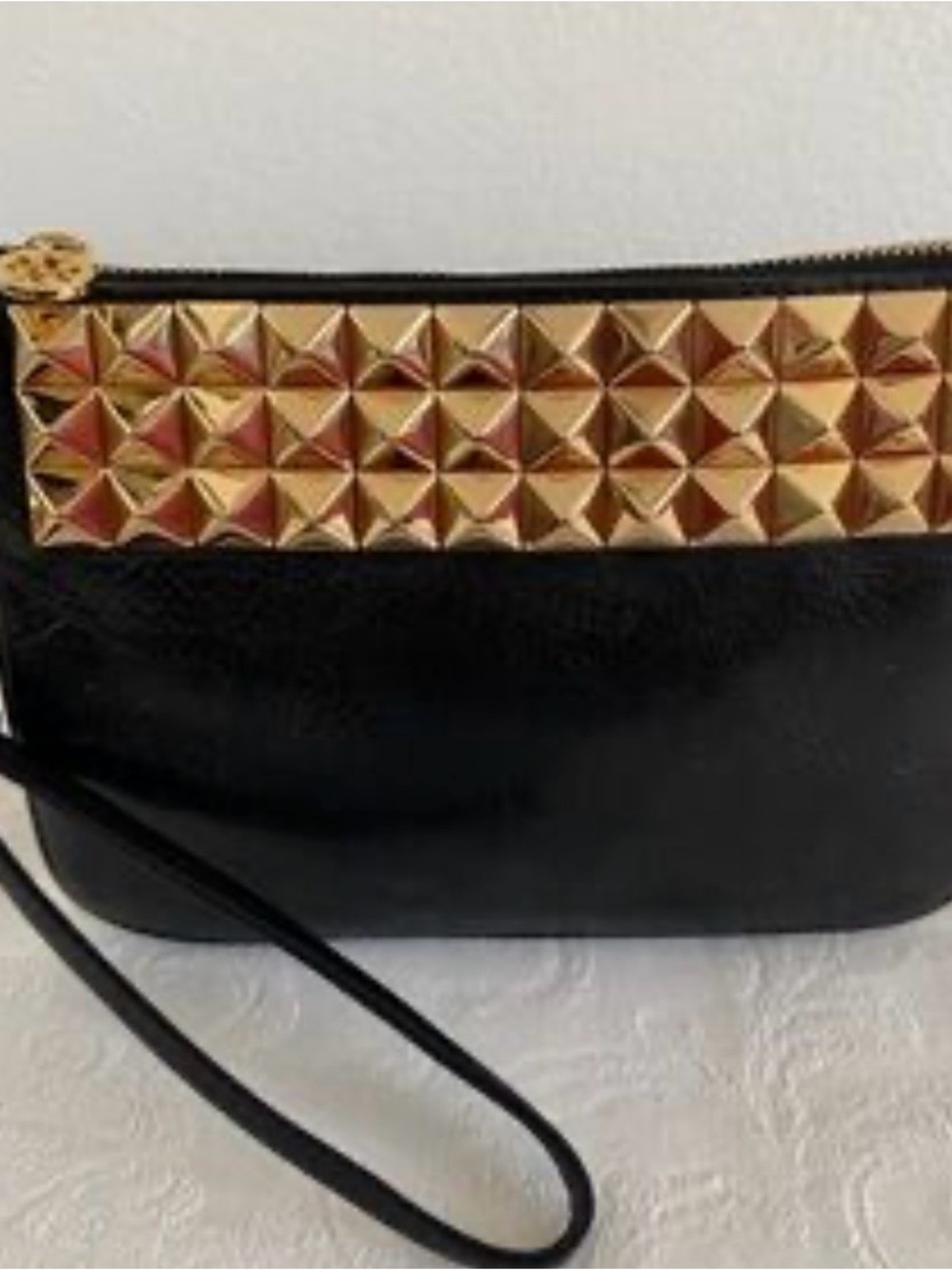 Tory Burch Black Wristlet with Gold Pyramid Studs